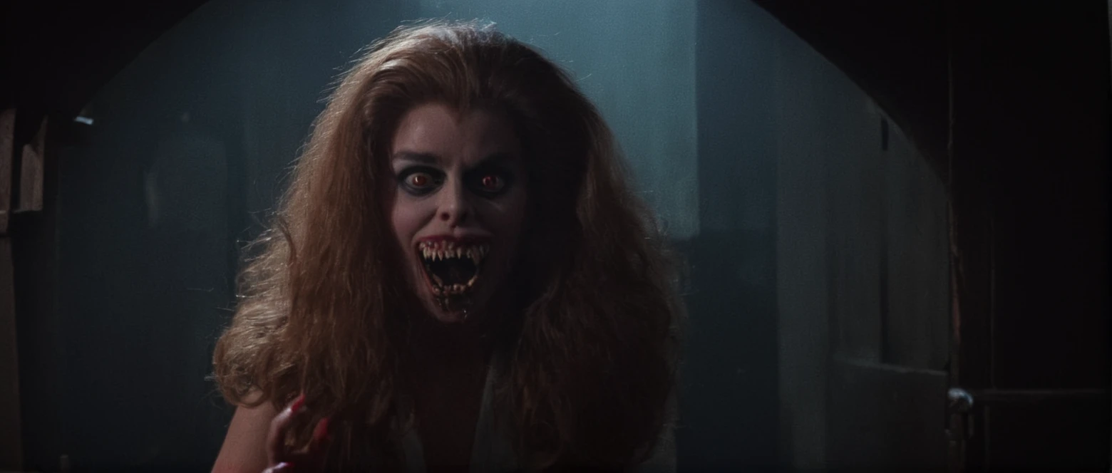 cinematic film still of <lora:Amy Peterson:0.9>
Amy Peterson, In the 1980's Vampire2 Monster Creature Amy2,big scary eyes,big monster teeth,big teeth,scary teeth,dull hair,big mouth,vampire makeup,freak,a woman with a creepy face and teeth,1girl,long hair,looking at viewer, screaming, shouting, angry, open mouth,jewelry,teeth,tongue, basement, ceiling lamp light above, blurry,ring,sharp teeth,realistic,lamp,horror (theme) , Horror themed, dark themed, Fright Night 1985 style, shallow depth of field, vignette, highly detailed, high budget, bokeh, cinemascope, moody, epic, gorgeous, film grain, grainy