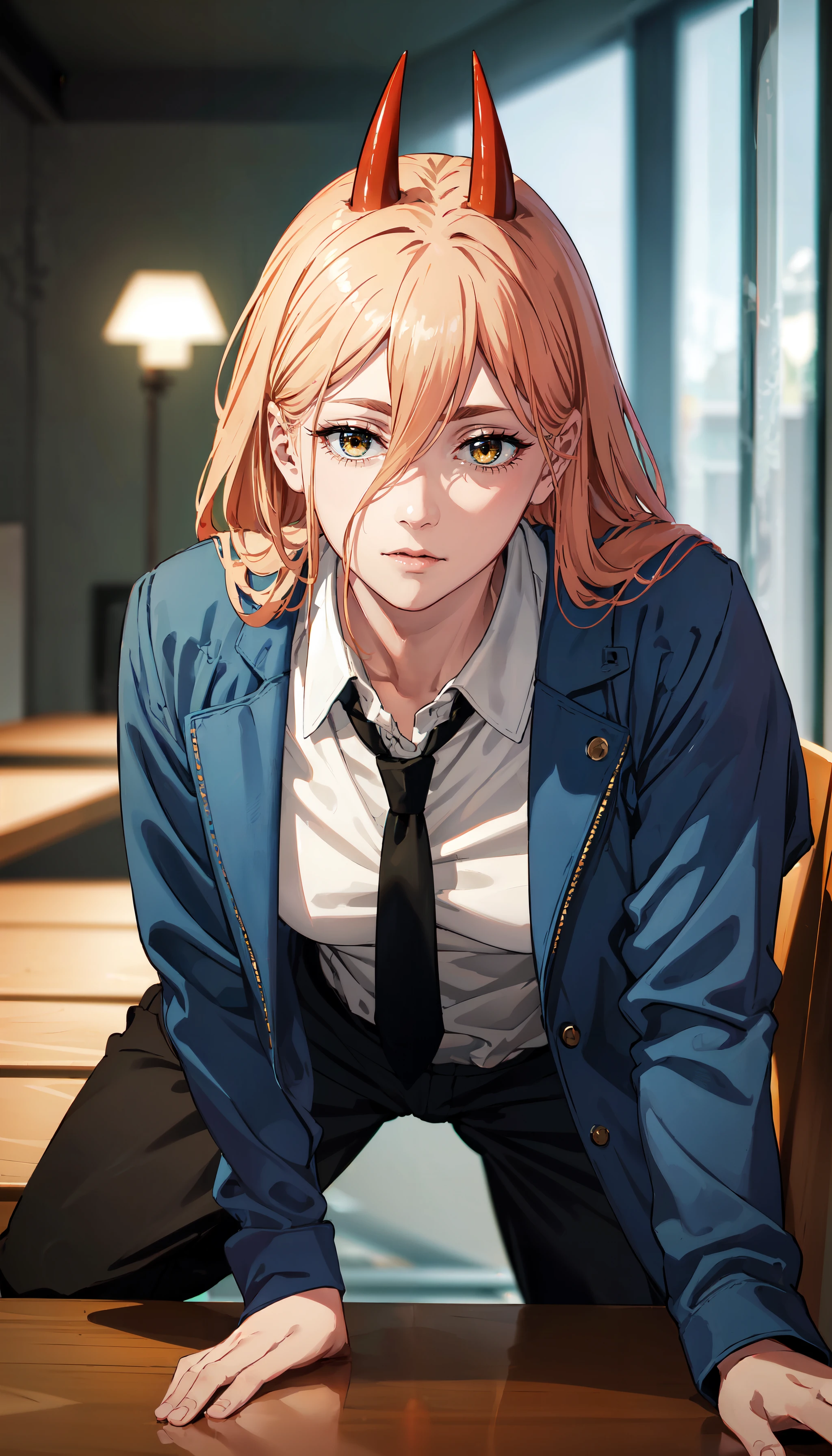 photorealistic, (4k), depth of field, (Masterpiece), (realistic skin texture), extremely detailed, intricate, hyper detailed, professional photography, bokeh, high resolution, sharp detail, best quality, girl, long hair, blonde hair, red horns, yellow eyes, white collared shirt, necktie, blue jacket, <lora:GoodHands-vanilla:0.4>, <lora:detail_slider_v4:0.8> , dynamic pose, (butterfly sitting), <lora:Power-000004:0.7> , (pants rolled up), black suit pants, loose pants,