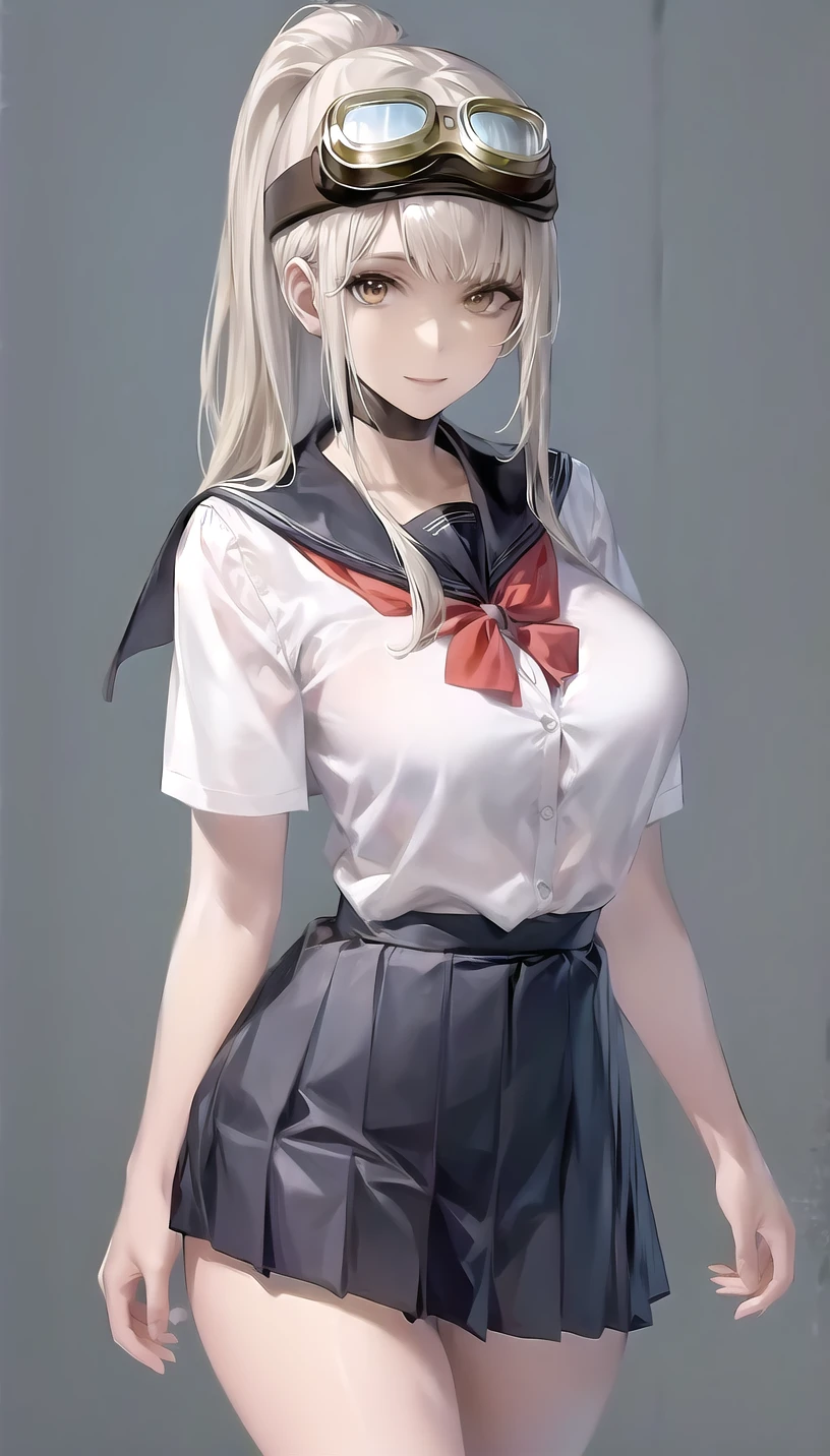 goggles,
(school uniform:1.28),
light smile,
lady,mature female, cowboy shot,
(white background, simple background:1.18),
highres,official art,original,masterpiece,best quality,
(large breasts),
<lora:Vanilla:1>