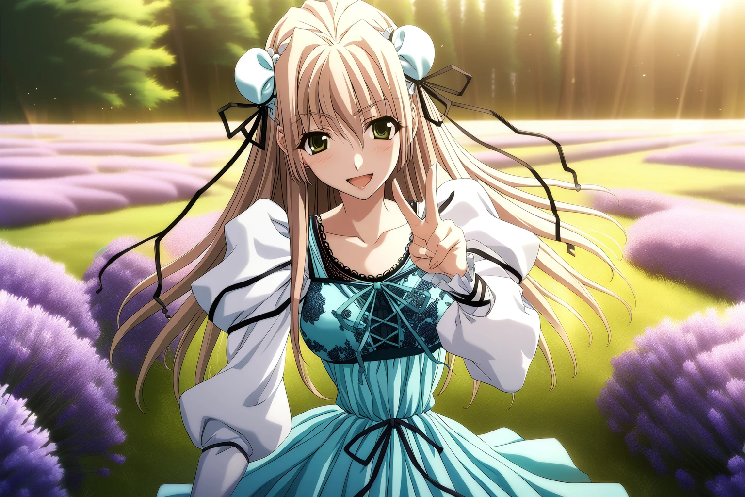 1girl,Hanamatsuri Karin,aqua dress,double bun,white sleeves,black ribbon on the waist,aqua ribbon on the chest,flower print on the chest,lace trim,frills,masterpiece,best quality,solo,game cg,(illustration:1.2),(extremely fine and beautiful),(perfect details),(unity CG 8K wallpaper:1.05),(ray tracing),(depth of field:0.6),(detailed beautiful eyes:1.2),(beautiful face:1.2),<lora:HanamatsuriKarinXL:1>,trolling,lavender field,(fragrant:1.2),summer,purple,calming,warm breeze,picturesque,rows,nature,v,sunlight,looking at viewer,open mouth, happy,