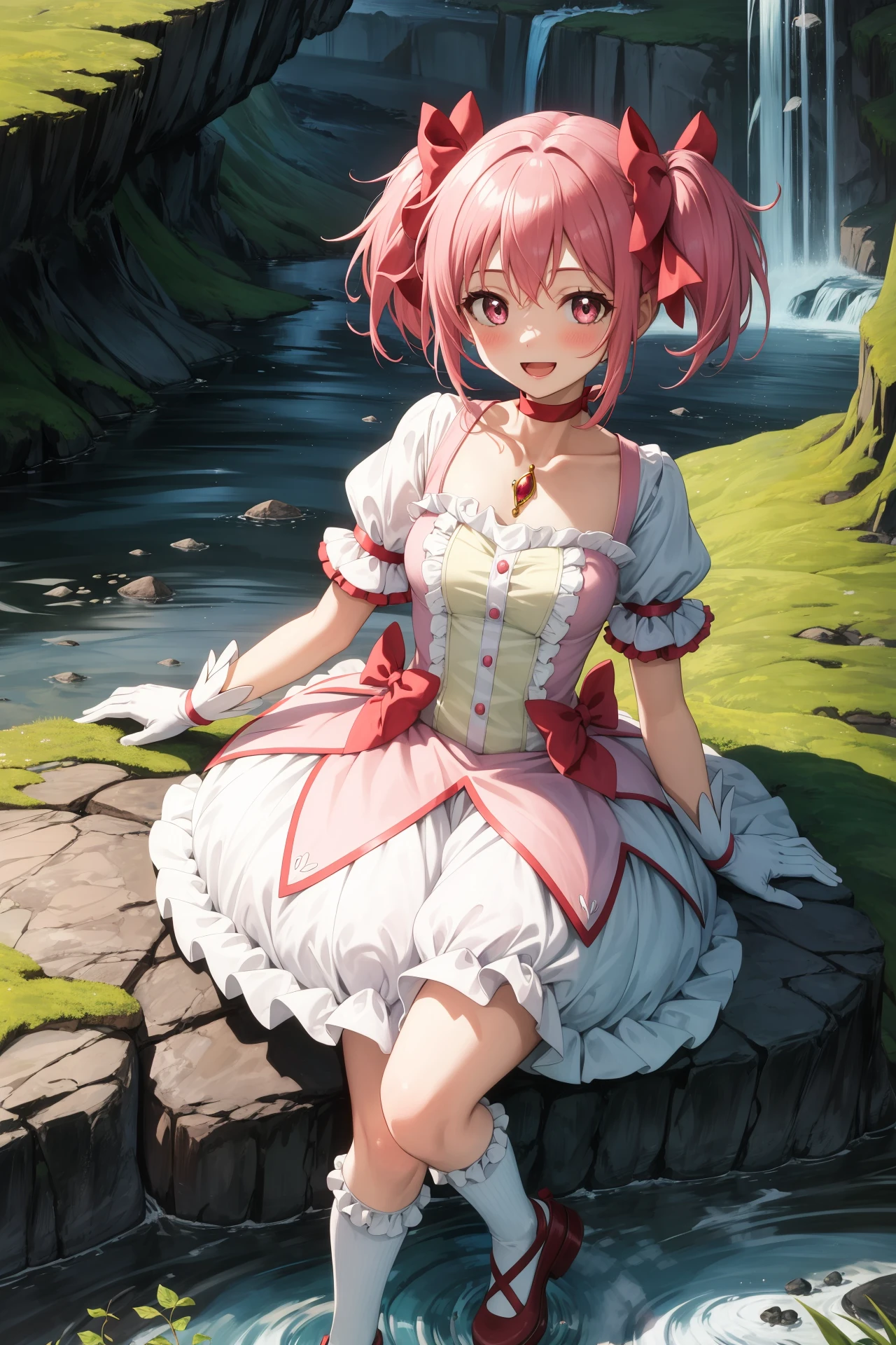 masterpiece, best quality, highres,
MadokaAi, 1girl, solo, pink hair, pink eyes, short hair, bangs, short twintails, flat chest, breasts, blush, smile, open mouth, large breasts, bow, ribbon, twintails, hair ribbon, hair bow, symbol-shaped pupils, red ribbon, pink bow,
gloves, white gloves, frilled sleeves, collarbone, soul gem, skirt, dress, shoes, buttons, choker, socks, puffy sleeves, ribbon choker, red choker, puffy short sleeves, frills, choker, cosplay, rose, magical girl, bubble skirt, kaname madoka,
sitting, arm support, leaning back, cowboy shot, looking at viewer, outdoors, cave, darkness, shadow, stalactite, <lora:Madoka:1>