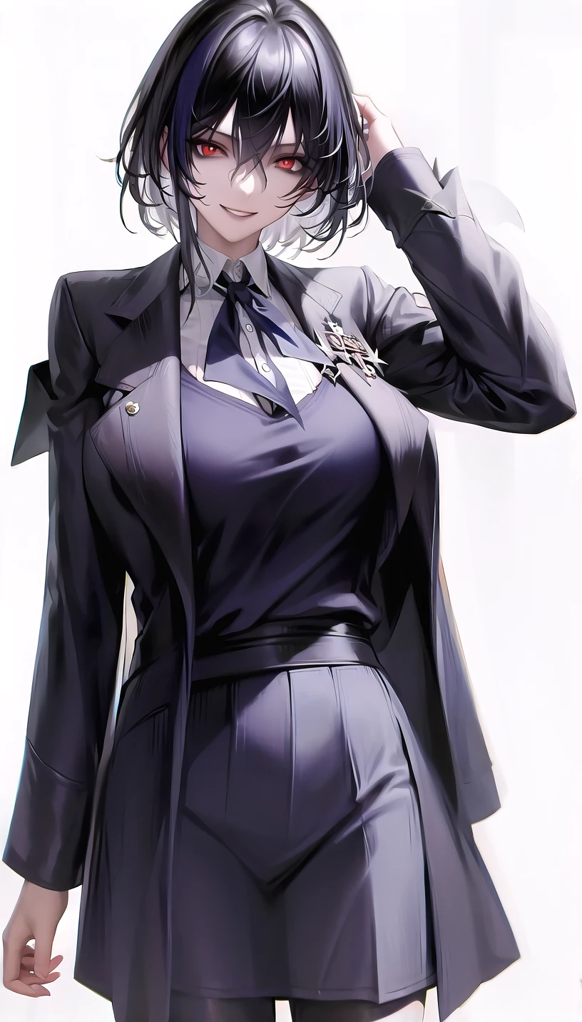 red eyes,
evil smile,
(school uniform:1.28),
lady,mature female, cowboy shot,
(white background, simple background:1.18),
highres,official art,original,masterpiece,best quality,
(large breasts),
<lora:Uni:0.81>