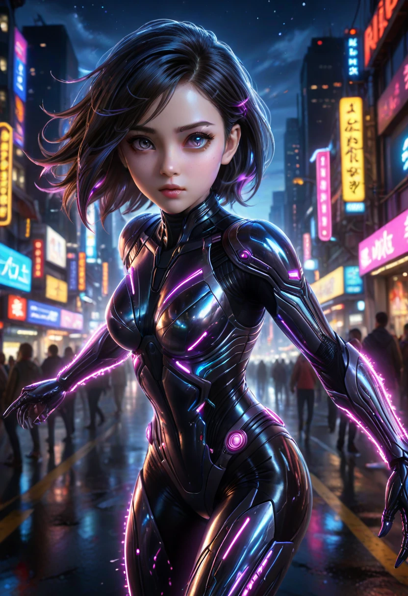 anime artwork sci-fi style Battle Angle at night, ral-ledlights Alita comes to life in a stunning adaptation. Running towards the viewer, petite athletic figure, very large eyes, charming and determined expression, cool composure that made her such an iconic character, High contrast, vibrant colors, style of Chris Cold and Jason Edmiston, <lora:ral-ledlights:0.4>, . futuristic, technological, alien worlds, space themes, advanced civilizations . anime style, key visual, vibrant, studio anime,  highly detailed