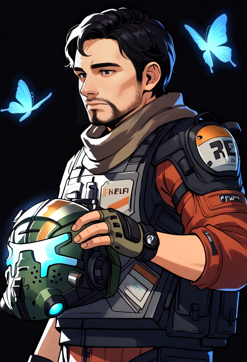 score_9, score_8_up, score_7_up, source_anime BREAK 1boy, solo, male focus, <lora:jackcooper-tif-richy-v1_pdxl:1> jackcooper, black hair, short hair, facial hair, scarf, orange jumpsuit, bulletproof vest, tactical clothes, armor, fingerless gloves, helmet removed, holding helmet, black background, glowing, butterfly
