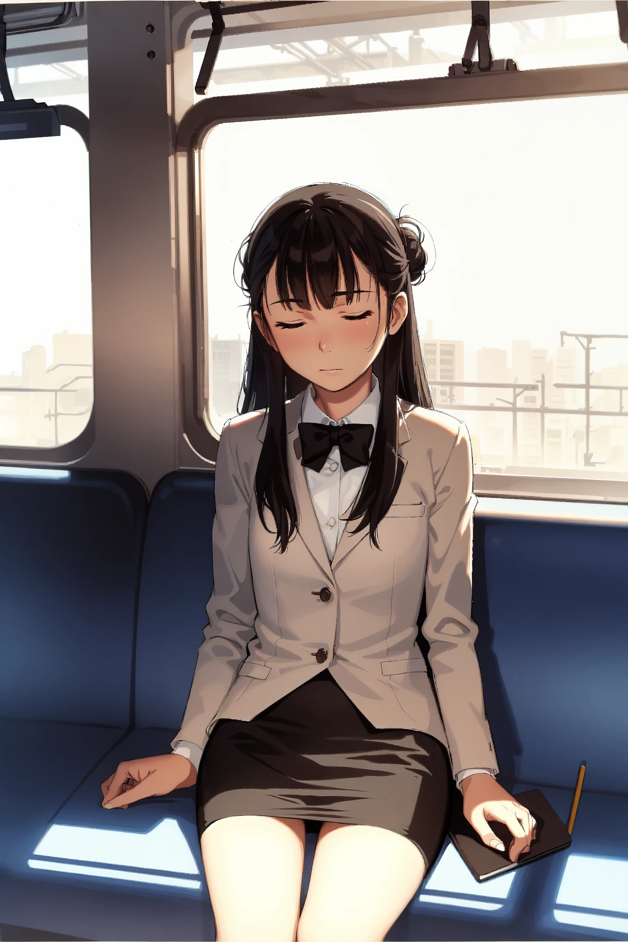 (traditional media, sketch:1.2),
1girl, mature, flat chest, single hair bun, dark hair, closed eyes, sleepy
BREAK office attire, grey blazer, white shirt, pencil skirt, sitting, v arms
BREAK (spoken zzz:1.4), public train, train interior, city background, sunset