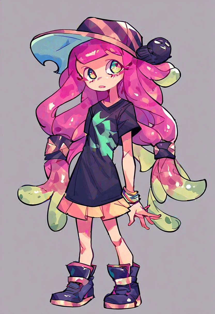 score_7_up, score_6_up, score_5_up, score_4_up, 1girl, girl, solo, pink hair, tentacle hair, hat, skirt, simple background, shirt, fish, standing,