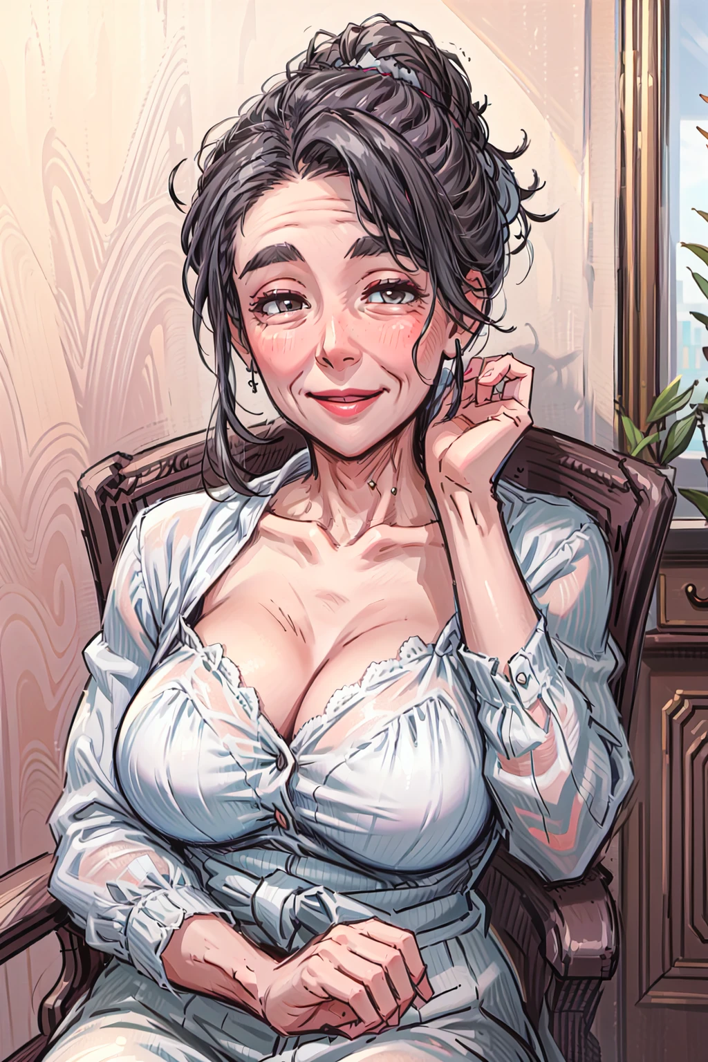 8k, masterpiece, best quality, old woman, brown updo hair, (Gilf), chubby, sagging breasts, blush, smile, sitting on chair