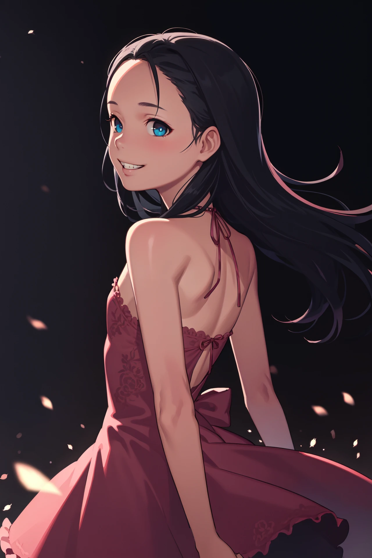 (masterpiece, best quality:1.2),
1girl, solo, pink and black theme, dark, upper body, side face, grin, parted lips, looking back, floating hair, pink dress, bare shoulders,(delicate and beautiful eye), forehead, flat chest, gothic fashion, blue rose, fog, fireflies, underlighting, bokeh, blurry background, strong visual impact, film lighting, from side