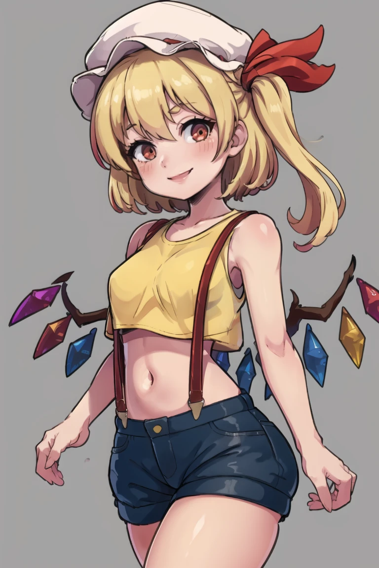 ((masterpiece,best quality)), absurdres, <lora:Misty_Pokemon_Cosplay_v3:0.8>,  misty (pokemon) (cosplay), yellow crop top, suspenders,((masterpiece,best quality)), absurdres, <lora:Flandre_Scarlet_Touhou:0.8>, Flandre_Scarlet_Touhou,  1girl, flandre scarlet, solo, blonde hair, wings, red eyes, looking at viewer, blush, hat, crystal, one side up, solo, smiling, looking at viewer, cowboy shot,