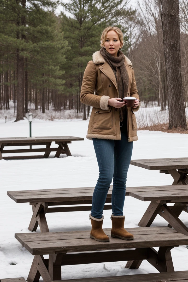 women, standing on a picnic table in a park, wearing Uggs,outdoors, winter time, jennifer lawrence,Best quality,4k,Realistic,highly detailed,