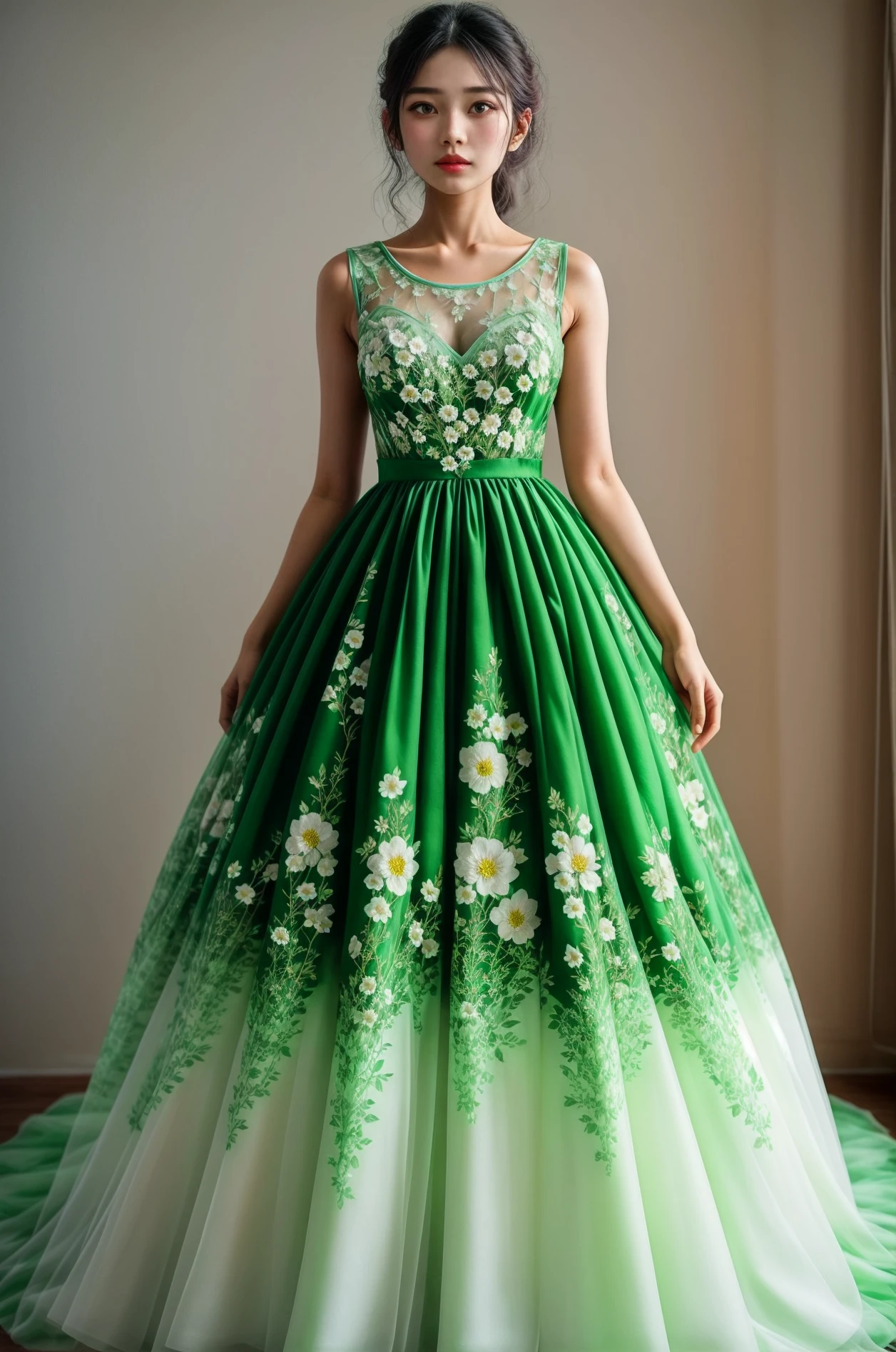 masterpiece,best quality,dynamic_angle,1girl,dress,<lora:formal attire:0.8>,formal attire,<lora:add_detail:1>,flower,printing,white,green,