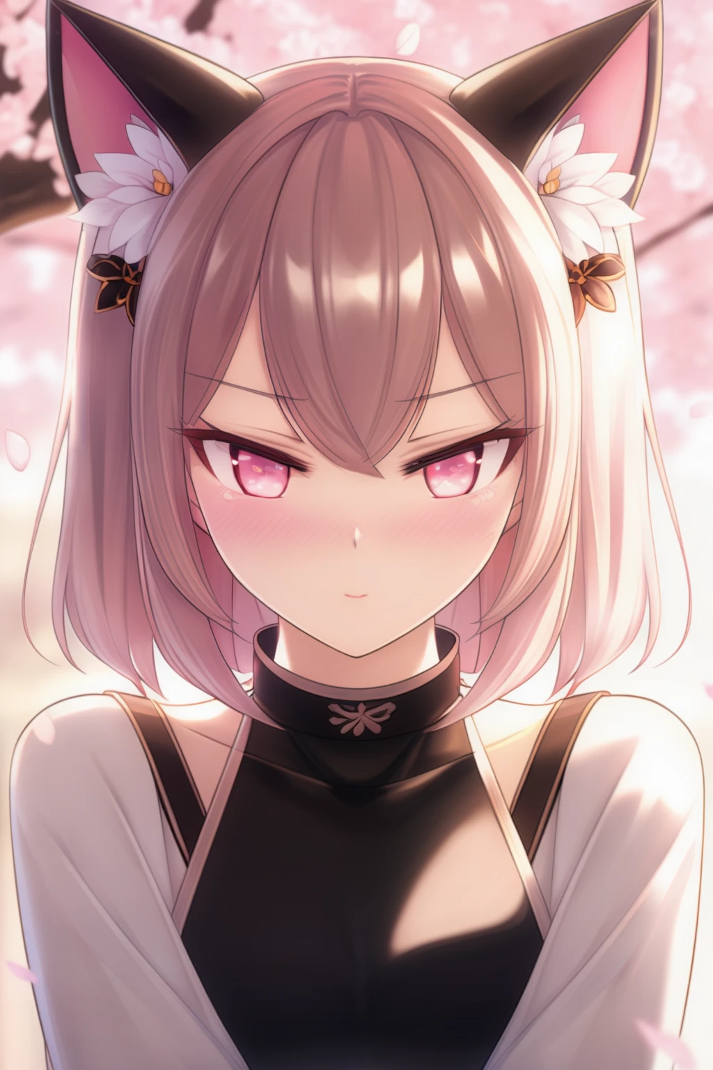 (extremely aesthetic, best quality, newest), 1girl, solo, cat ears, looking at viewer, blush, angry, pout, pov, cherry blossoms, rim lighting, depth of field,