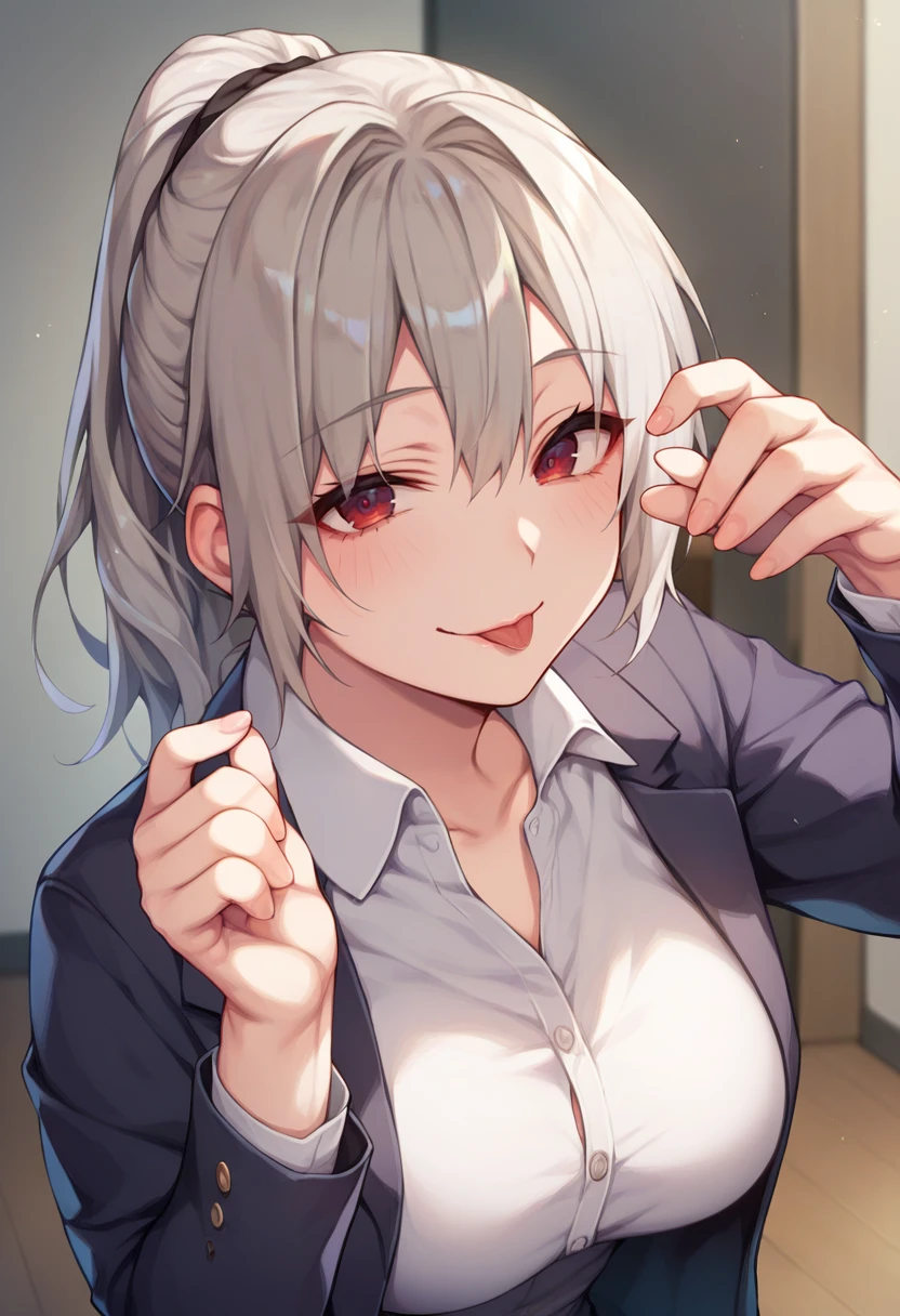 score_9, score_8_up, score_7_up, source_anime, 1girl,red eyes,smile, room, mature female, ponytail,grey hair, tongue out, white shirt, blazer <lora:Konomi-Style-PonyXL-000042:1>