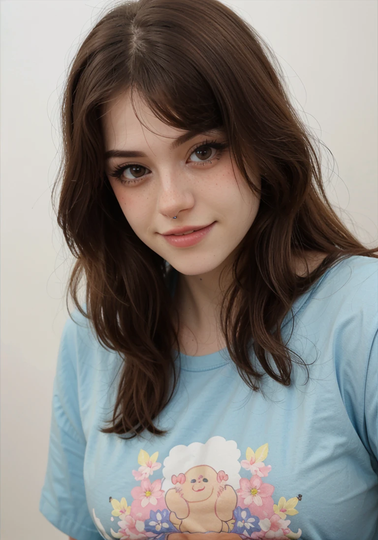 1girl, hannahowo, headshot, portrait, tshirt, flower print tshirt, blue tshirt, white background, looking at the camera, smile,