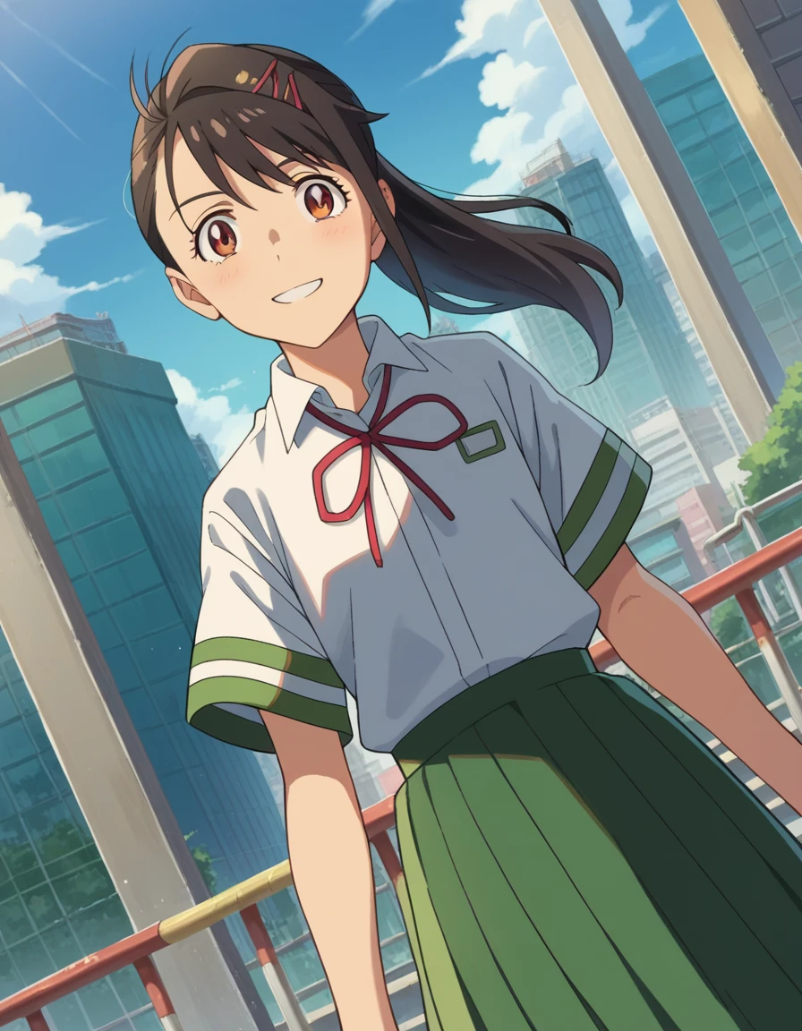 score_9, score_8_up, score_7_up, source_anime,
suzumeiwato, <lora:suzume-iwato-ponyxl-lora-nochekaiser:1>,
suzume iwato, long hair, black hair, hair ornament, brown eyes, hairclip, ponytail, smile,
skirt, shirt, ribbon, school uniform, white shirt, red ribbon, green skirt, long skirt,
outdoors, cityscape,
looking at viewer, dutch angle, cowboy shot,
