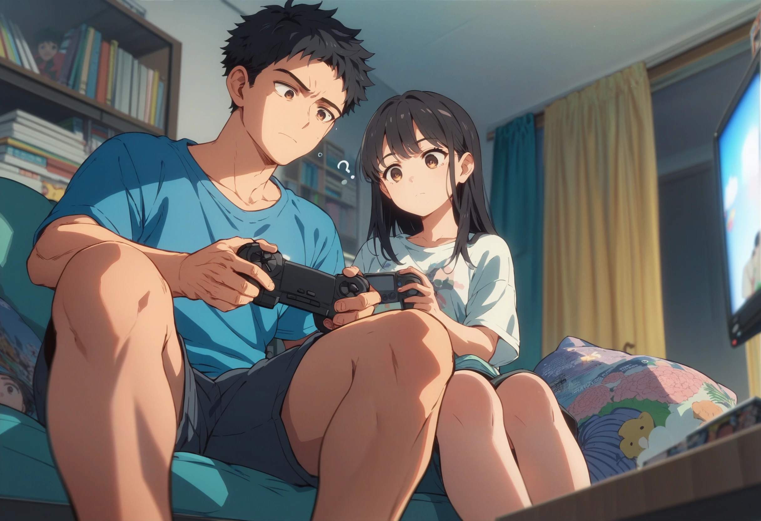 (score_9:1.1),score_8_up,score_7_up,score_6_up,source_anime,anime screencap,<lora:CoMix_BGXL_V2:1>,1boy,1girl,light smile,short hair,black hair,long hair,brown eyes,confused,game console,game controller,sitting,from below,watching television,room,magazine,wide_shot,