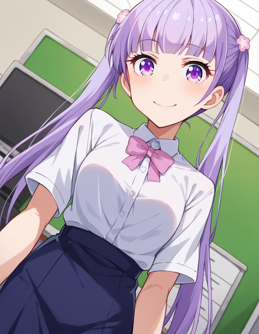 score_9, score_8_up, score_7_up, source_anime,
aobasuzukaze, <lora:aoba-suzukaze-ponyxl-lora-nochekaiser:1>,
aoba suzukaze, eyebrows, hair ornament, long hair, purple eyes, purple hair, twintails, smile,
blue skirt, bow, bowtie, business suit, dress shirt, formal, neck ribbon, pink bow, pink bowtie, pink ribbon, ribbon, shirt, skirt, skirt suit, suit, white shirt,
indoors, office,
looking at viewer, dutch angle, cowboy shot,