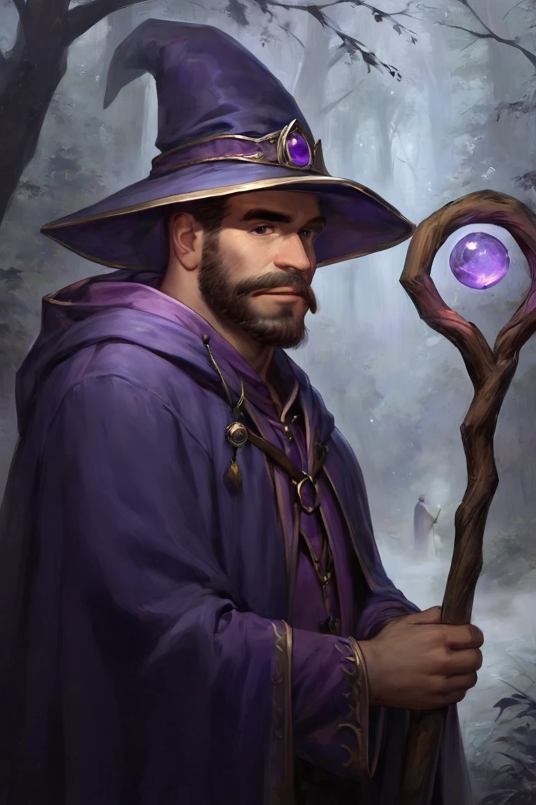 score_9, score_8_up, score_7_up, 1boy, solo, male focus, mature male, wizard, long hair, brown hair, black eyes, looking at viewer, hat, facial hair, beard, mustache, staff, wizard hat, purple hat, robe, purple robe, cloak, holding, holding staff, upper body, standong, outdoors, forest, nature, tree, fog, dark background <lora:Oil Painting Sharp Style LoRA_Pony XL v6:1>