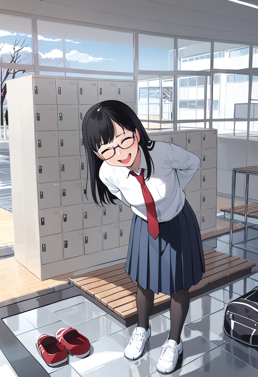 best quality, ultra-detailed, illustration,
1girl, glasses, black hair, long hair, standing, red necktie, pantyhose, white shirt, shoes, school uniform, blue skirt, collared shirt, smile, laughing, looking at viewer, solo focus,
getabako, scenery, window, locker, school, indoors, tree, sunlight, building, day, reflective floor, bench, door
<lora:col_xl:0.6> <lora:gakkou_getabako_SDXL_V1:1>