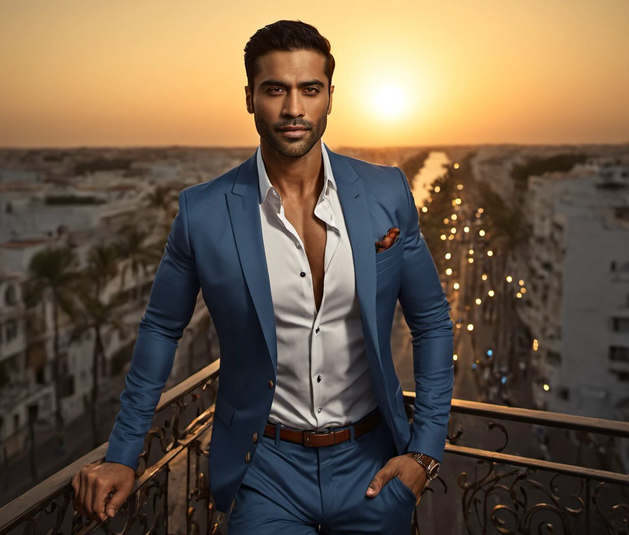 Nautical-themed (Photo:1.3) of (Ultrarealistic:1.3) <lora:Man_Men_FFashion:1> Sacha Dhawan a man <lora:Kushal-Punjabi_Sacha-Dhawan:0.9> in a blue suit standing on a balcony, handsome man, attractive man, handsome male, sun behind him, inspired by Pablo Munoz Gomez, shot at golden hour, editorial photograph, midshot of a hunky, by Roman Bezpalkiv, by Artur Tarnowski, maxim sukharev, by Gabor Szikszai,Highly Detailed,(Mono Color:1.3) . Sea, ocean, ships, maritime, beach, marine life, highly detailed