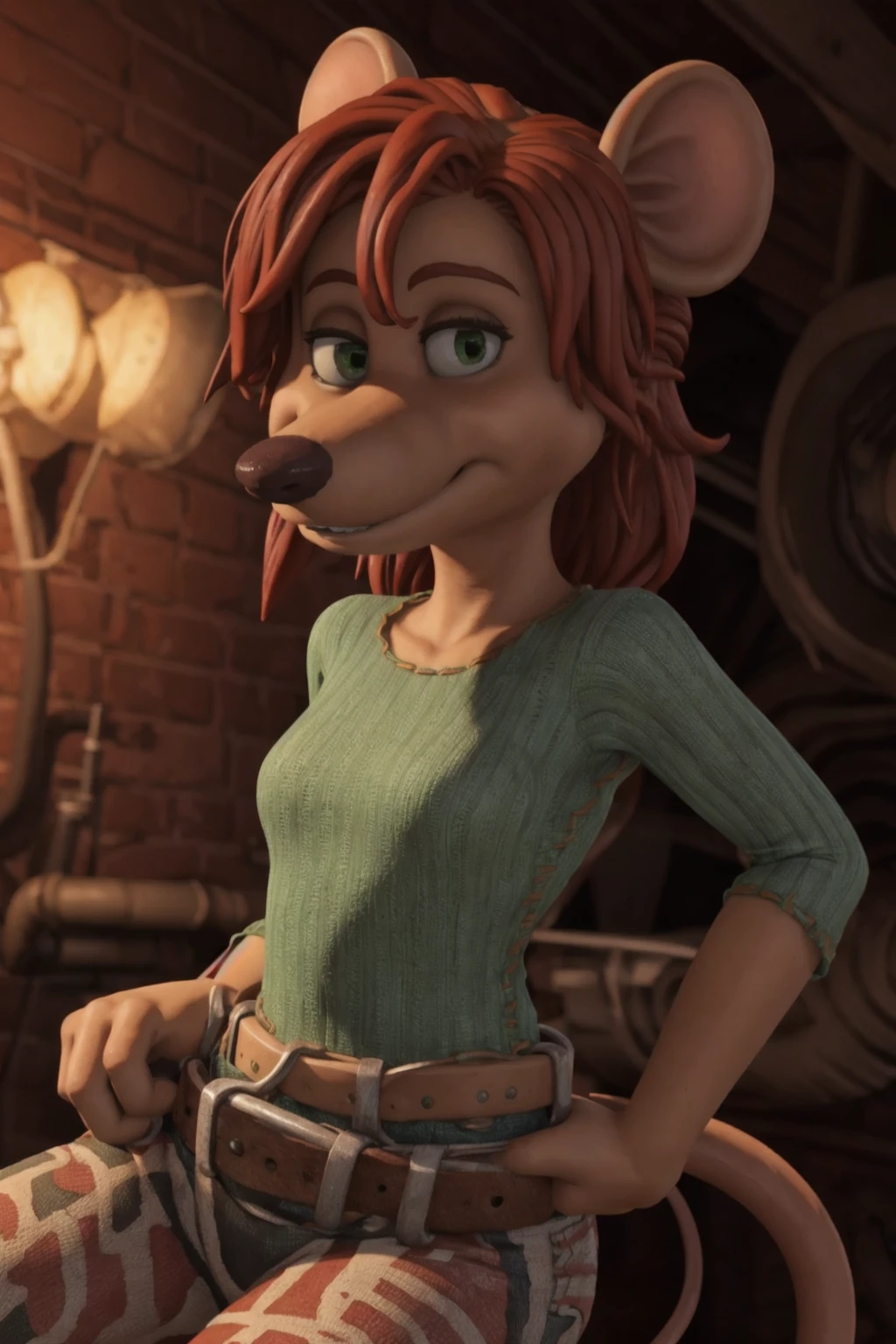 <lora:Rita_Flushed_Away:1> ritaflushed, 1girl, green eyes, red hair, mouse tail (cute:1.2), BREAK, 8k, hi res, 40mm lens, (Best quality, masterpiece:1.2)