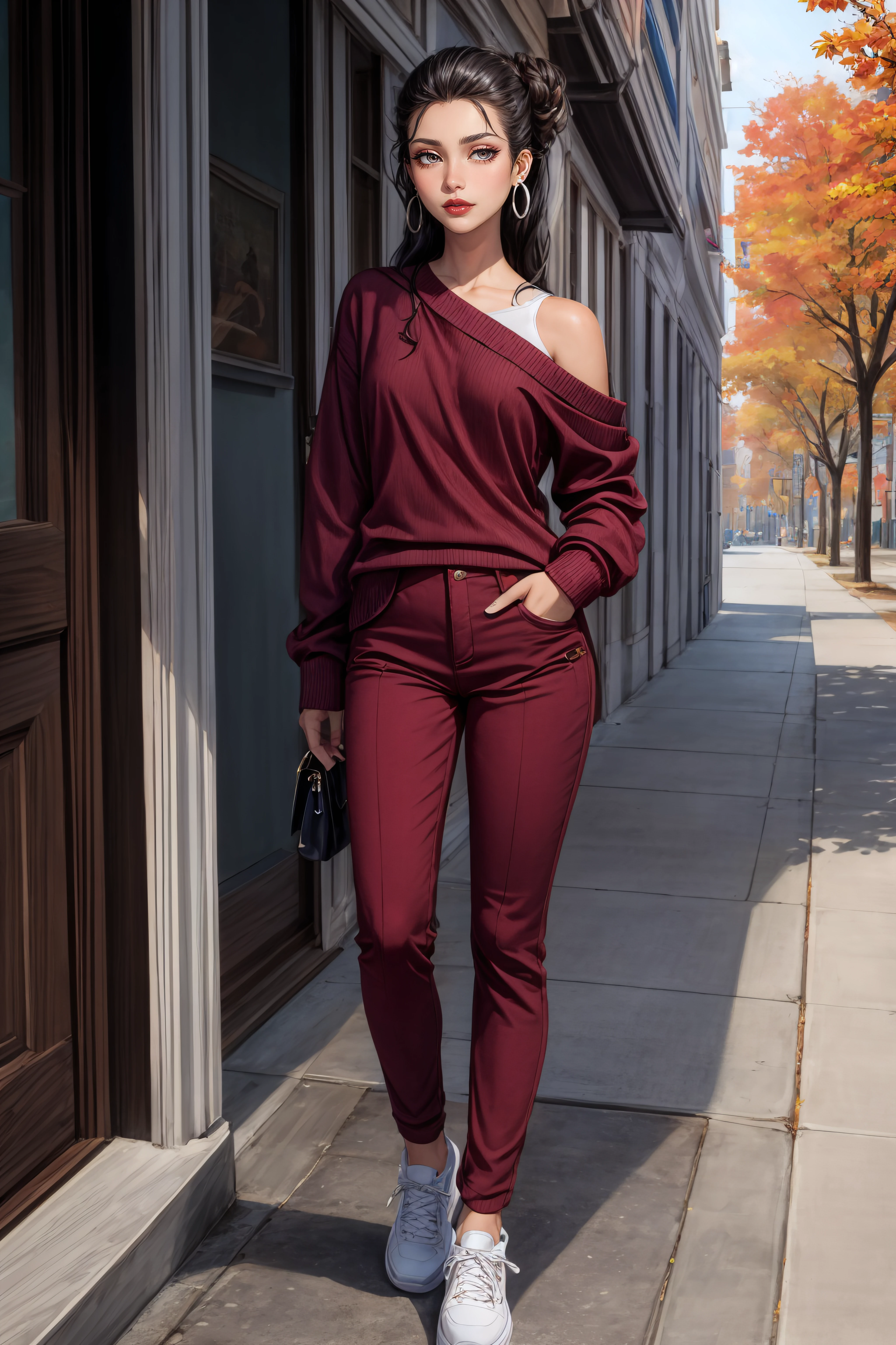 (masterpiece, best quality), autumn, A lightweight sweater with corduroy pants and sneakers, Duchess, Average Height, Skinny, Triangular Face, Tan Skin, Black Hair, silver Eyes, Straight Nose, Full Lips, Receding Chin, Shoulder-Length Hair, Wavy Hair, Long Curled Updo, small breasts, Faux gauge earrings, burgundy stain lipstick,
<lora:add_detail:0.8>,