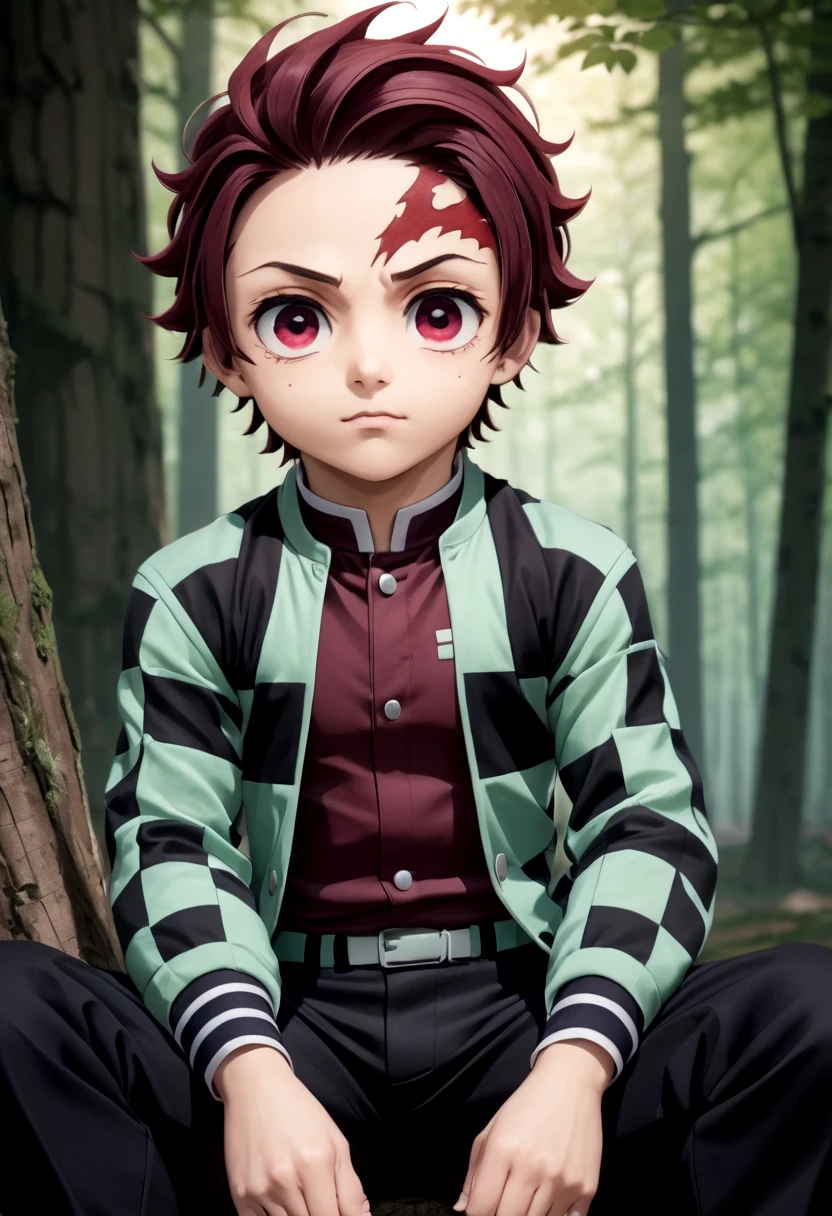 1boy,Juvenal, ultra detailed face masterpiece, ultra detail, forest, tanjiro, checkered clothes,demon slayer uniform, black pants, sitting, crimson eyes,
pure face without any impurities,
<lora:tanjiro:0.6>
(masterpiece:1.2), best quality, high resolution, unity 8k wallpaper, (illustration:0.8), (beautiful detailed eyes:1.6), extremely detailed face, perfect lighting, extremely detailed CG, (perfect anatomy),