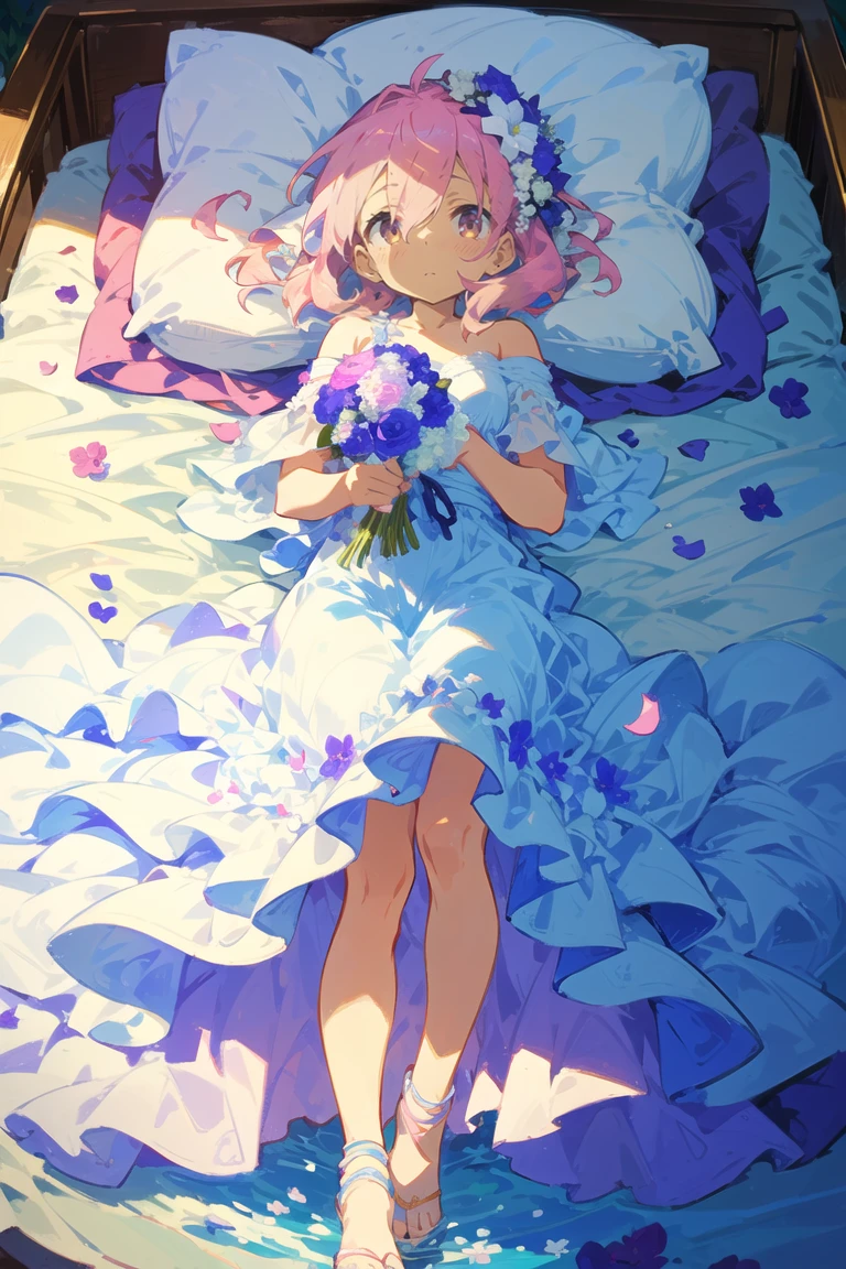 looking at viewer, petite, pink hair,  asymmetrical hair,  hair between eyes,           lovely small breasts,  white wedding dress, off shoulder,  (flowers are scattered on the bed),