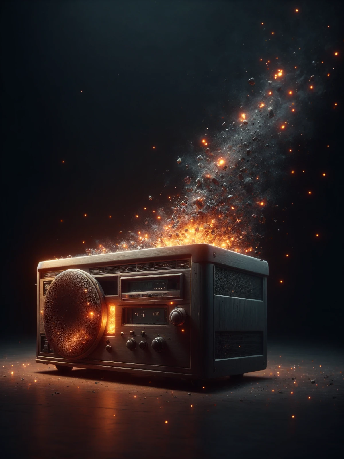 vintage radio dissolving into mad-embr,night<lora:Embers_SD1.5:0.8>, (masterpiece:1.2), best quality, (hyperdetailed, highest detailed:1.2), high resolution textures