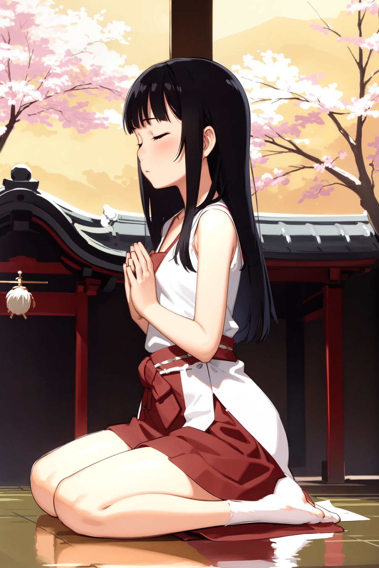 (sketch:1.25),
1girl, blunt bangs, forehead, extremely long hair, shiny black hair, closed eyes, flat chest
BREAK (praying:1.2), traditional miko, red skirt, japanese clothes, tabi, white socks
BREAK on floor, (seiza), from side, full body, wide shot
BREAK detailed background, (outside:1.2), shrine, (cherry blossoms:1.1)