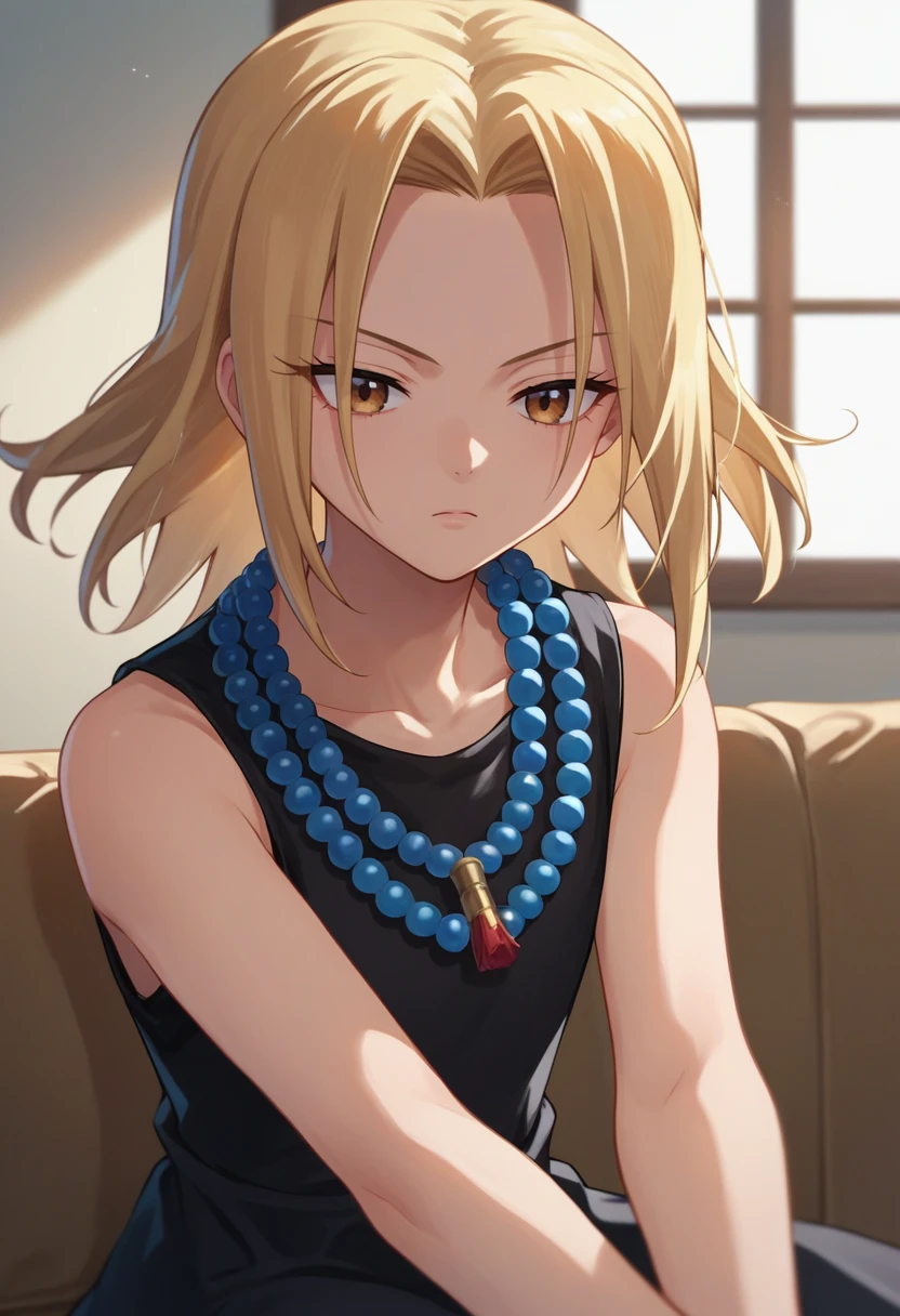 score_9, score_8_up, score_7_up, source_anime, kyouyama anna, blonde hair, short hair, brown eyes, black dress, bead necklace, indoors, seiza, sitting, <lora:Anna kyouyama-000008:1>