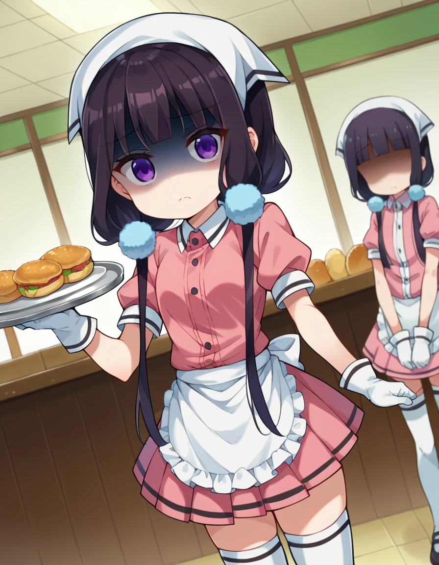 score_9, score_8_up, score_7_up, source_anime,
maikasakuranomiya, <lora:maika-sakuranomiya-ponyxl-lora-nochekaiser:1>,
maika sakuranomiya, long hair, black hair, hair ornament, twintails, purple eyes, low twintails,
skirt, shirt, thighhighs, gloves, short sleeves, pleated skirt, frills, shoes, puffy sleeves, white gloves, black footwear, uniform, apron, white thighhighs, puffy short sleeves, zettai ryouiki, waist apron, white apron, pink skirt, pink shirt, frilled apron, waitress, head scarf,
indoors, restaurant, tray, food tray, shaded face, frown,
looking at viewer, dutch angle, cowboy shot,