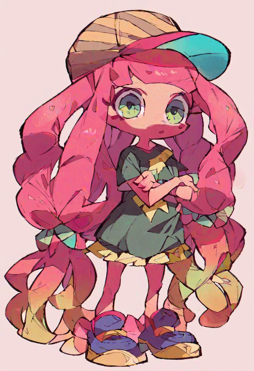 score_9, score_8_up, score_7_up, score_6_up, score_5_up, score_4_up, (source_anime), <lora:[GP]Yaya hiyayaka style2 [Pony XL]:1.0> 1girl, girl, solo, pink hair, tentacle hair, hat, skirt, standing, simple background, shirt, cute