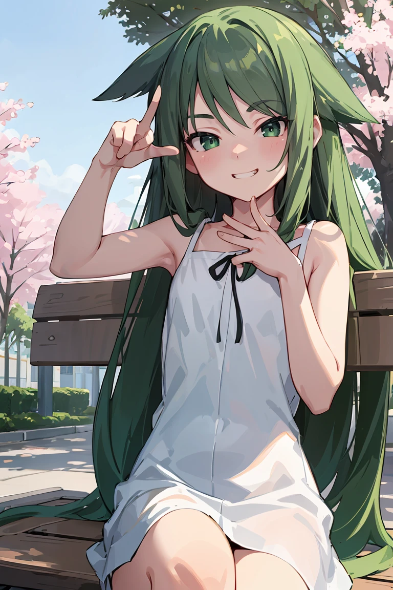 masterpiece, best quality,ultra-detailed , glistening shiny, glowing light, ray tracing, HDR, deph of field, (perfect face, detailed face), <lora:SayaVN:1>, sayavn, very long hair, green hair, hair flaps, flat chest, grin, v sign, sundress, black ribbon, crossed legs, sitting, on bench, outdoors, sakura