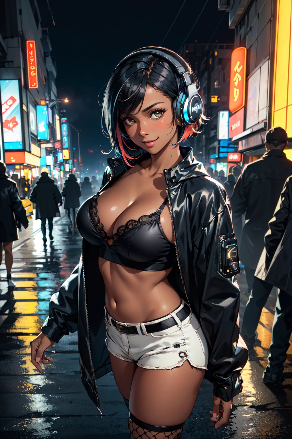 (masterpiece, best quality, hires, high resolution:1.2), (depth of field:1.2), (1girl, solo), (mature woman), (black skin, dark skin, ebony:1.4), (a sexy woman walking by the streets), (short multicolored hair:1.4), (huge natural breasts, midriff, navel, cleavage), (headphones), (yelow raincoat:1.2), (at night:1.4), (cyberpunk city:1.4), (rainning), neon lights, (short shorts:1.4), (fishnets, fishnet stockings), (open shirt), volumetric fog, (from above), (cowboy shot:1.4), (dark theme, moody lighting), (facing camera, looking at viewer), (smiling), <lora:epiNoiseOffset:0.8>,