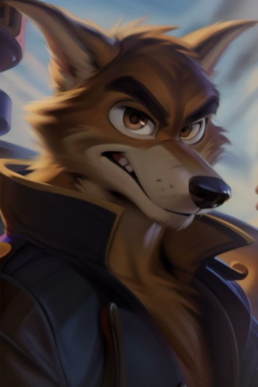 (by chunie:1), masterpiece,, detailed fur, portrait, looking at viewer, (detailed pixar eyes:1.2), detailed eyes, male, anthro, <slora:add_detail:0.3> (Don Karnage, Wolf, Brown Fur, Bushy Eyebrows, Jacket), ((brown eyes)), ((Buttoned Jacket))