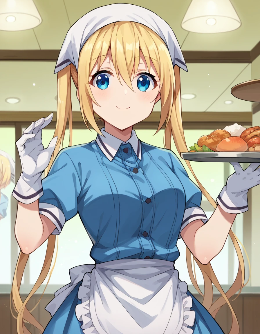 score_9, score_8_up, score_7_up, source_anime,
kahohinata, <lora:kaho-hinata-ponyxl-lora-nochekaiser:1>,
kaho hinata, blonde hair, blue eyes, hair between eyes, long hair, sidelocks, twintails, smile,
apron, blue shirt, blue skirt, frilled apron, frills, gloves, head scarf, shirt, short sleeves, skirt, uniform, waist apron, waitress, white apron, white gloves, food, tray, food tray,
indoors, restaurant,
looking at viewer, dutch angle, cowboy shot, dynamic pose,