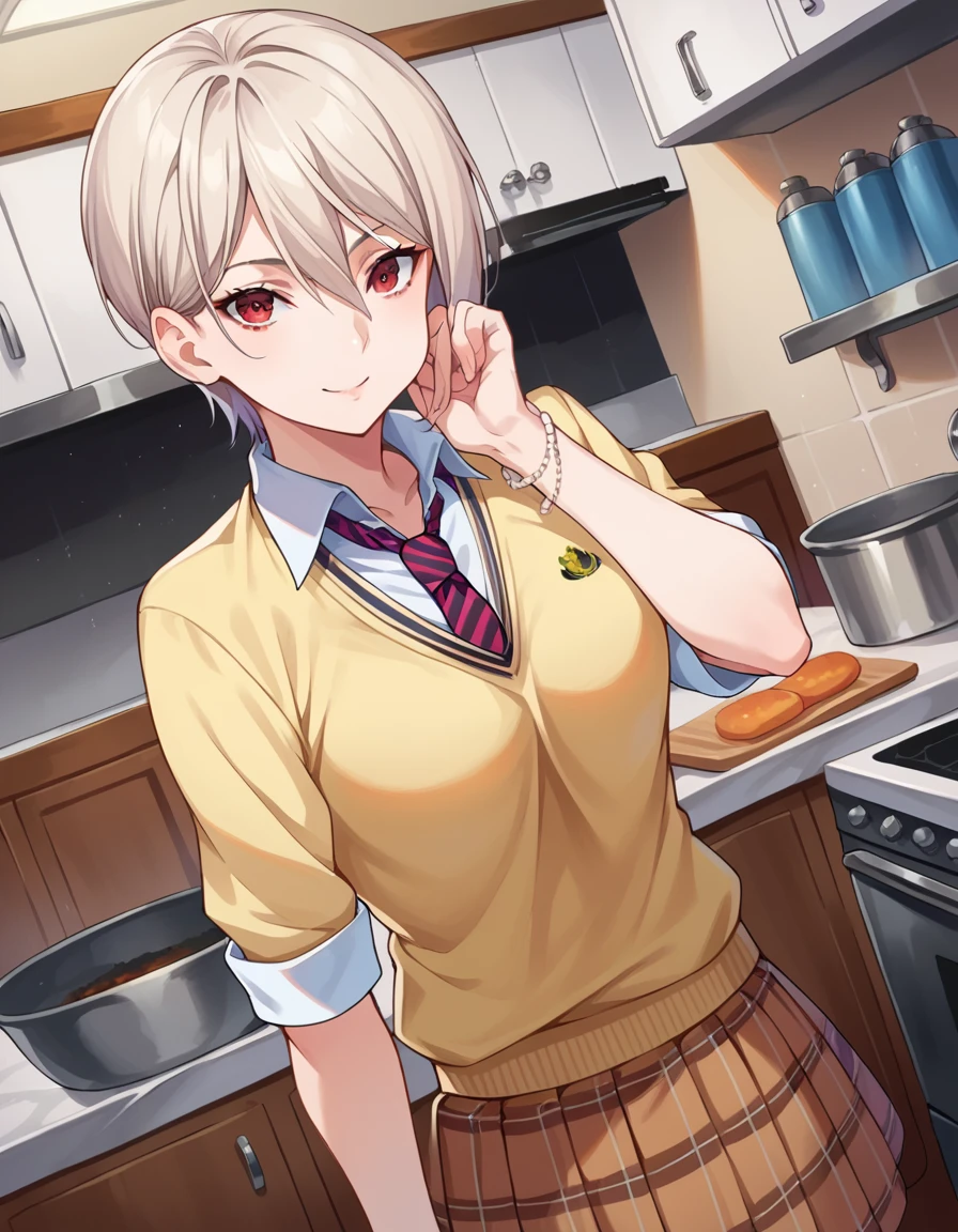 score_9, score_8_up, score_7_up, source_anime,
alicenakiri, <lora:alice-nakiri-ponyxl-lora-nochekaiser:1>,
alice nakiri, short hair, red eyes, white hair, hair between eyes, smile,
skirt, shirt, jewelry, school uniform, pleated skirt, necktie, striped, bracelet, sweater, plaid, plaid skirt, striped necktie, white shirt, collared shirt, light brown sweater,
indoors, kitchen,
looking at viewer, dutch angle, cowboy shot,