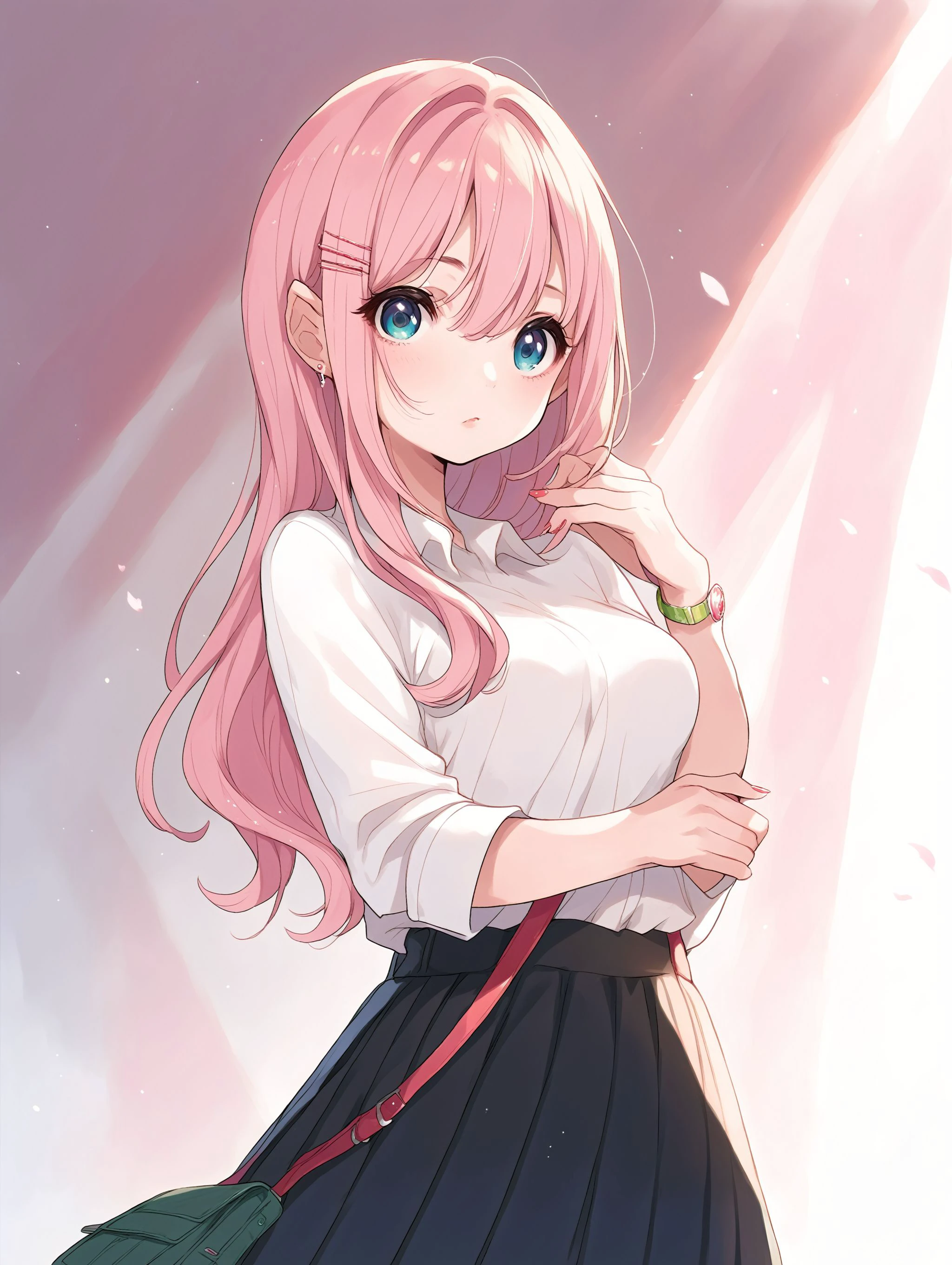 (extremely detailed CG unity 8k wallpaper), (masterpiece), (best quality), (ultra-detailed), (best illustration), (best shadow), (absurdres), ((female body)), 1girl, solo,Akari, 1girl, pink hair, hair ornament, blue eyes, solo, , cowboy shot, mini skirt left, pussy showing , happy ,blush,no top wear,