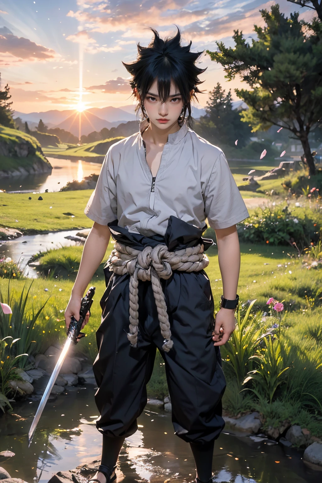 <lora:zuozhu-05:0.7>,super high resolution,best quality,Photos,4k,(Realistic:1.2),zuozhu,weapon,solo,1boy,uchiha sasuke,sword,male focus,holding,black hair,holding weapon,holding sword,simple background,rope,sandals,closed mouth,full body,toeless footwear,standing,black pants,katana,sheath,black eyes,pants,white background,shirt,grey shirt,hair between eyes,short sleeves,bangs,beautiful and delicate water, the finest grass, very delicate light, nature, painting, water spray, breeze, flowers and grass meadow, near the water edge, (sunset, starry sky in a circle), randomly distributed clouds, river, splashing water, falling petals,