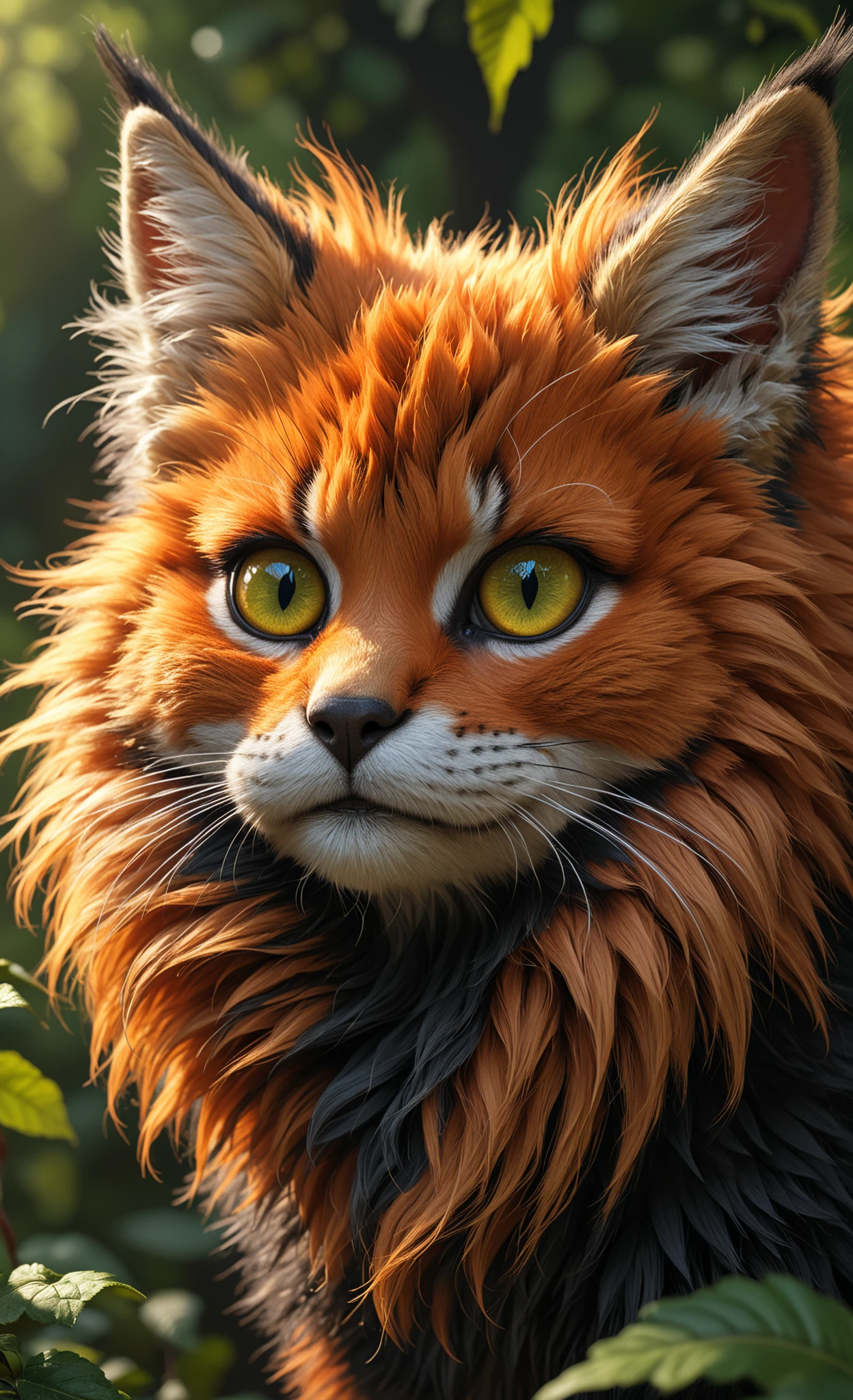 beautiful skiny creature, fur and fluffs, eyelashes, vivid orange and black, deep rich saturated orange color, (depth of field:1.4), 8k resolution, photorealistic, masterpiece, intricately detailed, natural lighting, volumetric lighting, concept art, elegant, artstation, sun blicks, green eyes, green leaves