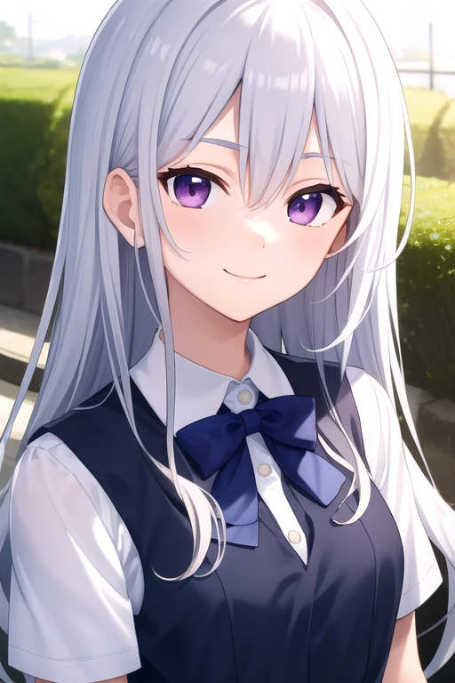 ((masterpiece)),(best quality),official art,extremely detailed CG,unity 8k wallpaper,ultra detailed,beautiful detailed eyes,extremely detailed face,1girl,solo,outdoors,upper body,(portrait:1.5),looking at viewer,facing viewer,smile,nubile,Kazami Kazuki,very long hair,white hair,sidelocks,bangs,purple eyes,school uniform,blue dress,collared dress,black bowtie,white shirt,short sleeves,medium breasts,white socks,loafers,<lora:Kazami Kazuki(gk)>,