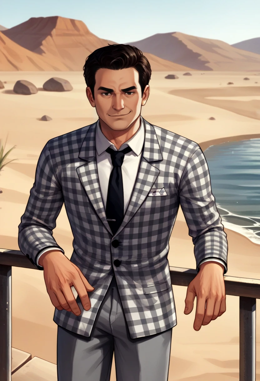 score_9, score_8_up, score_7_up, source_anime BREAK 1boy, solo, male focus, <lora:benny-fnv-richy-v1_pdxl:0.8> benny, black hair, short hair, checkered suit, black necktie, grey pants, outside, desert, kneeling, roman legionnaire, arms behind back, restrained, unamused