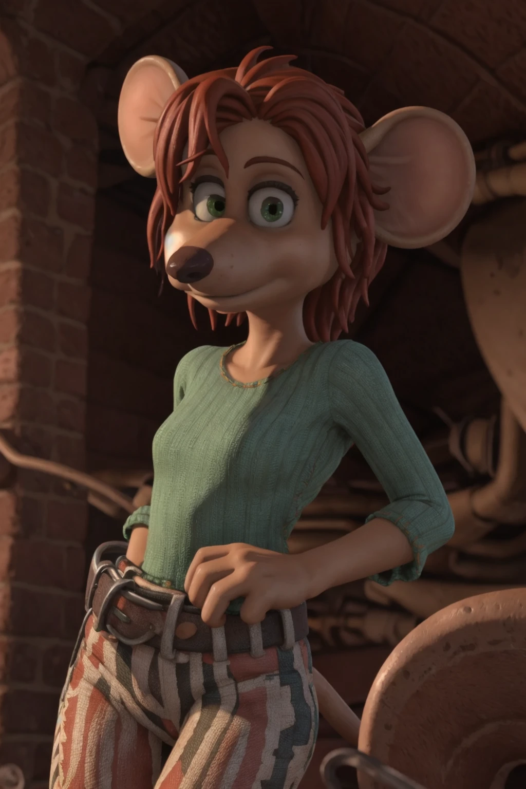 <lora:Rita_Flushed_Away:1> ritaflushed, 1girl, green eyes, red hair, mouse tail (cute:1.2), BREAK, 8k, hi res, 40mm lens, (Best quality, masterpiece:1.2)