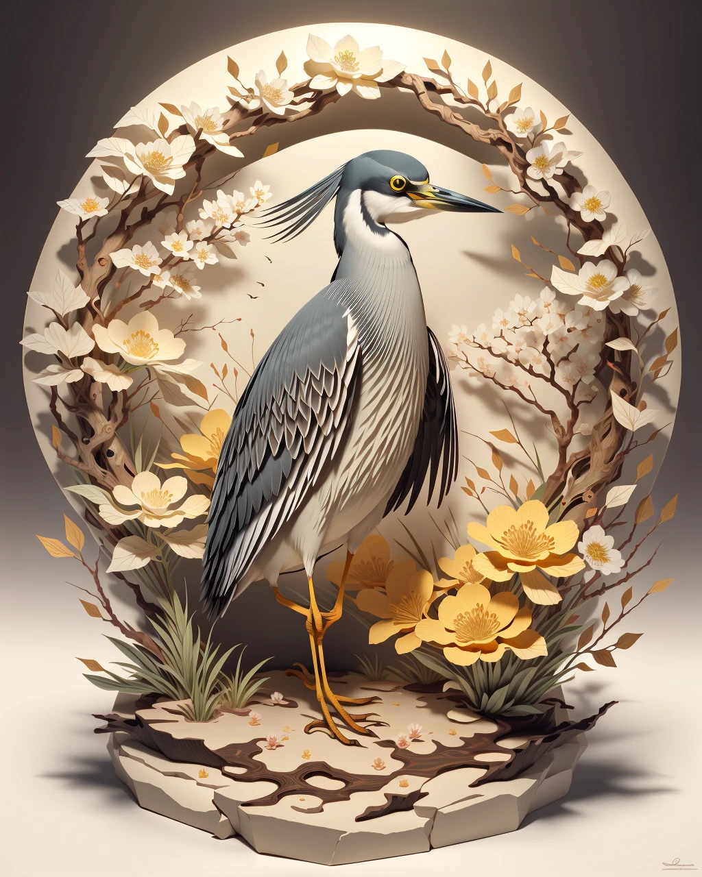 best quality,masterpiece,highly detailed,ultra-detailed,
solitary blooms,Yellow-crowned Night Heron It has a black and white body, a yellow crown, and red eyes.
<lora:neg4all_bdsqlsz_V3.5:-1>
<lora:paper-sculpture:1>paper-sculpture