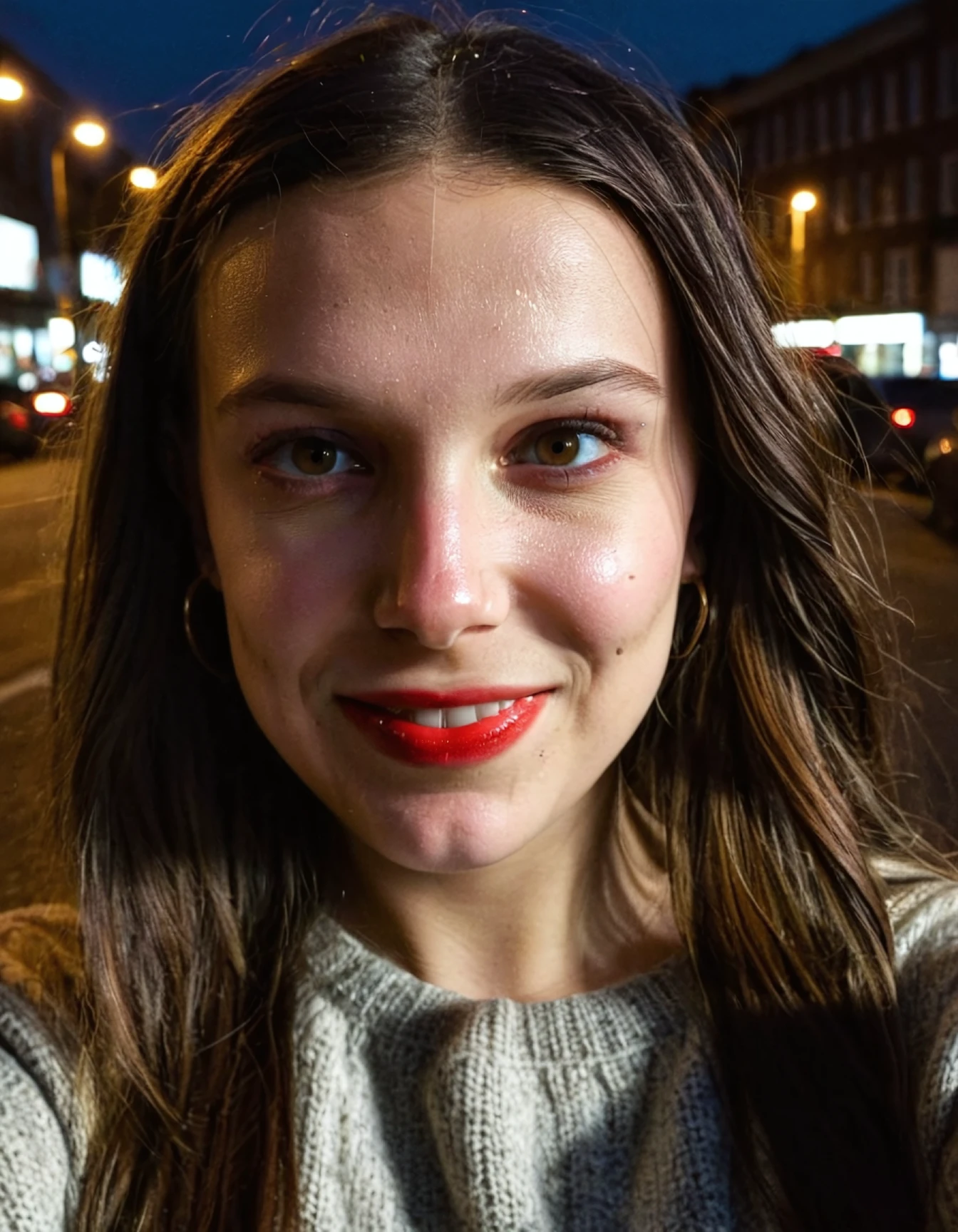 super high resolution below pov photo face of milli3 woman with dark long hair smiling,eyeshadow and lipstick, taking a selfie in a street while looking at camera,wearing sweater,(highly detailed skin:1.2),(pores:1.2),(sweaty skin:1.3),gloomy,volumetric lighting,at night,dimly lit,(surreal dramatic lighting shadow)