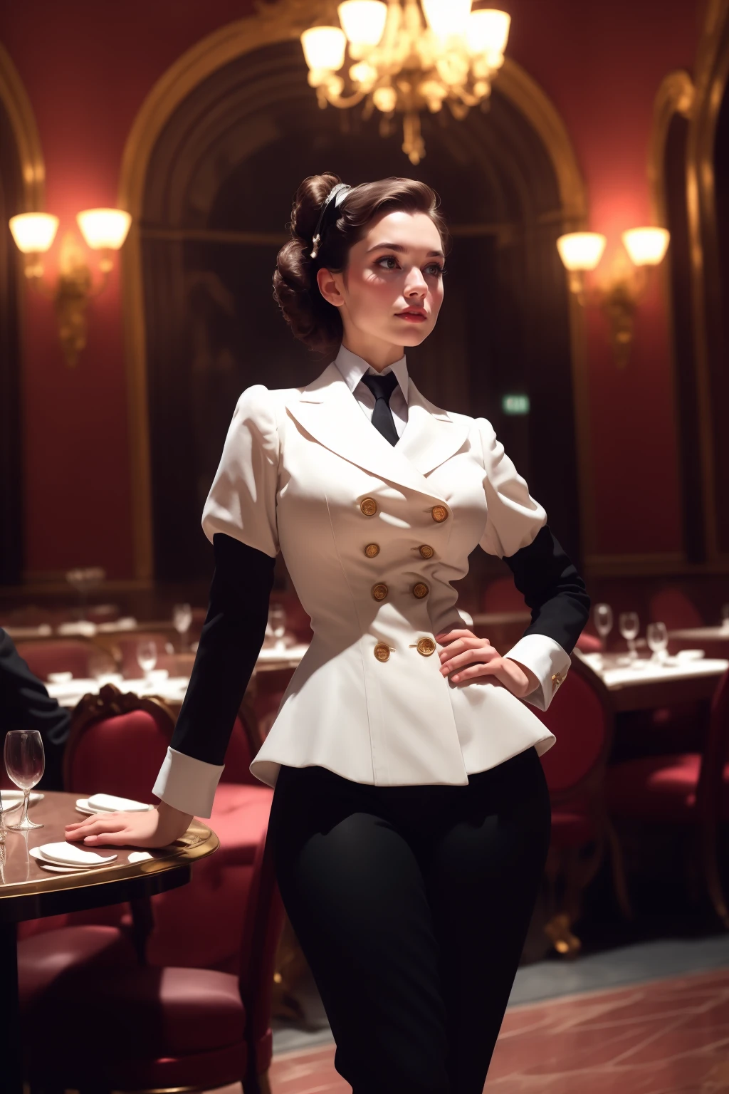 cinematic film still beautiful adult woman, solo, high quality, best quality, highres, high detail [brown hair] hair, (Dutch braid updo:1.2), [hand-painted hair sticks] <lora:Outfit_soph-FormalSkirtSuit:0.8> su1t, formal, Tom Ford fashion gown, double-breasted, collar necktie, black pants, buttons  (silouette lighting) ,  standing, high detail, afterglow, bokeh, 8k resolution, rim lighting, shadows, fascinator, pantyhose, standing, grand hall, chandelier, romantic restaurant, Marble Grandeur, Timeless, imposing, luxurious, majestic, photo by Annie Leibovitz photography. Consuming  Star . shallow depth of field, vignette, highly detailed, high budget, bokeh, cinemascope, moody, epic, gorgeous, film grain, grainy