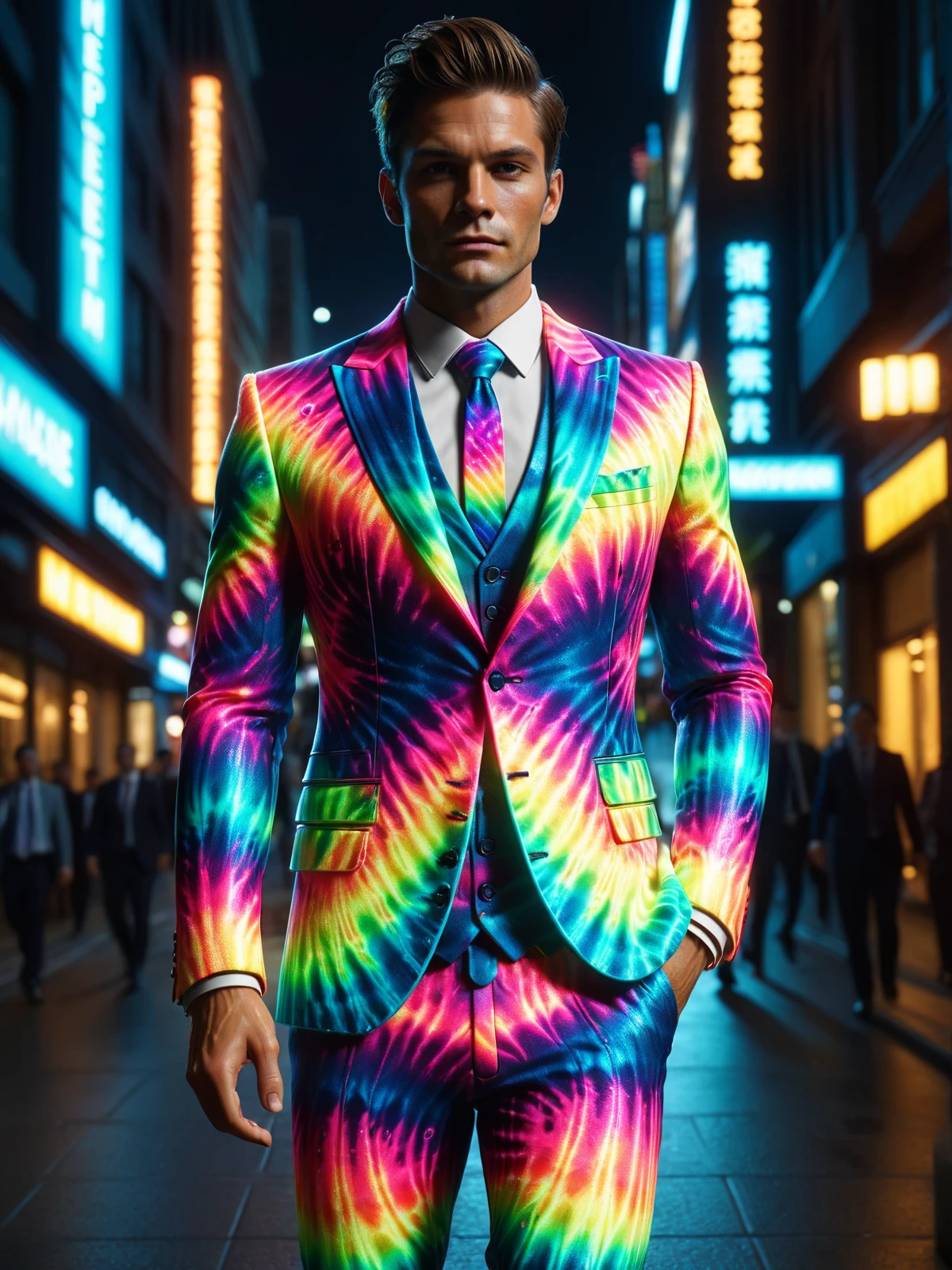 man wearing a glowing mad-glowtiedye business suit walking through city, night, dynamic pose <lora:Glowing_Tiedye_SDXL:0.6>, (masterpiece:1.2), best quality, (hyperdetailed, highest detailed:1.2), high resolution textures