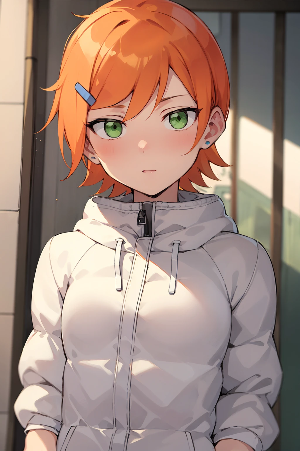 makima\(chainsaw man\), long sleeves, red hair, large breasts, solo, looking at viewer, thick thighs, hand in lap, yellow eyes, 1girl, thick hoodie, heavy hoodie, long flowing hair, indoors, white hoodie strings, makima, 36 year old mature woman, milf, (standing in kitchen), serious eyes contraditing smile, beautiful japanese home, extremely welcoming, long face, no pants, oversized hoodie, 3/4, body shot, light pink hoodie almost white, ponytail, tight hoodie