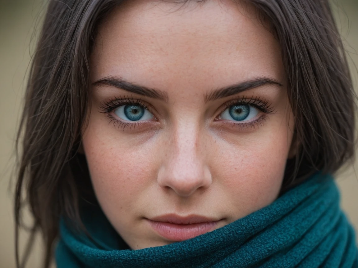 Close-up of a young woman's face partially obscured by a dark teal scarf, highlighting her striking blue eyes, long eyelashes, and well-defined eyebrows. The focus is sharp on her eyes with a soft bokeh background that creates a shallow depth of field. Her brunette hair frames her face, and the image has a cool color tone with a natural light setting. The composition is centered, creating an intimate and engaging portrait with a sense of mystery.